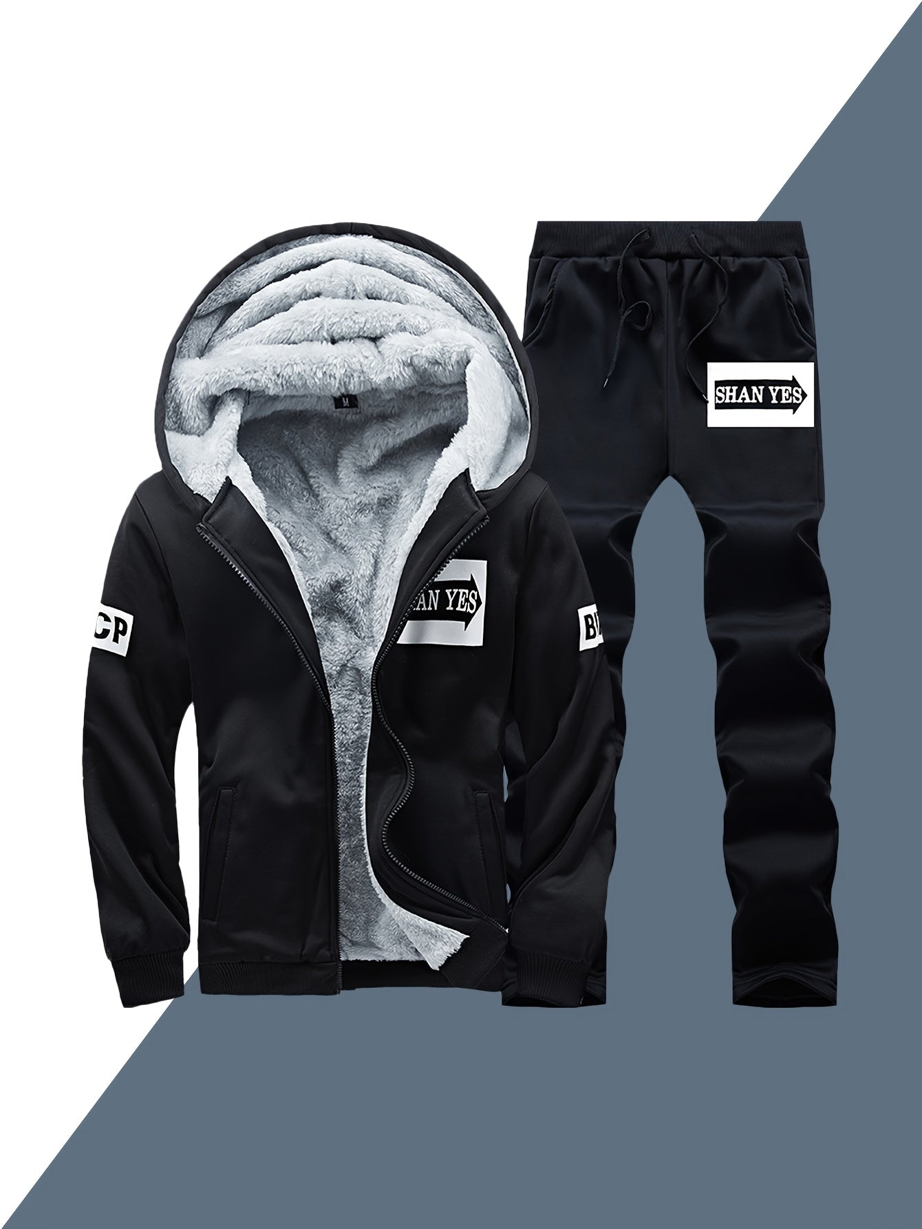 2pcs Men's -Lined Sportswear Set, Thickened Men's Casual Sportswear Set, Men's Sportswear Top and Bottom Set, Hooded Sweatshirt and Casual Sport Pants, -Lined and Thickened, Warm and Cold-Resistant, Suitable for Autumn and Wi - ayq