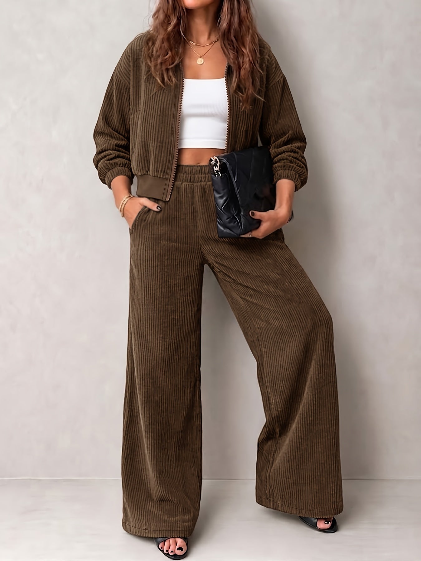 Women's Corduroy Casual Suit Set with Off-Shoulder Jacket & Wide-Leg P