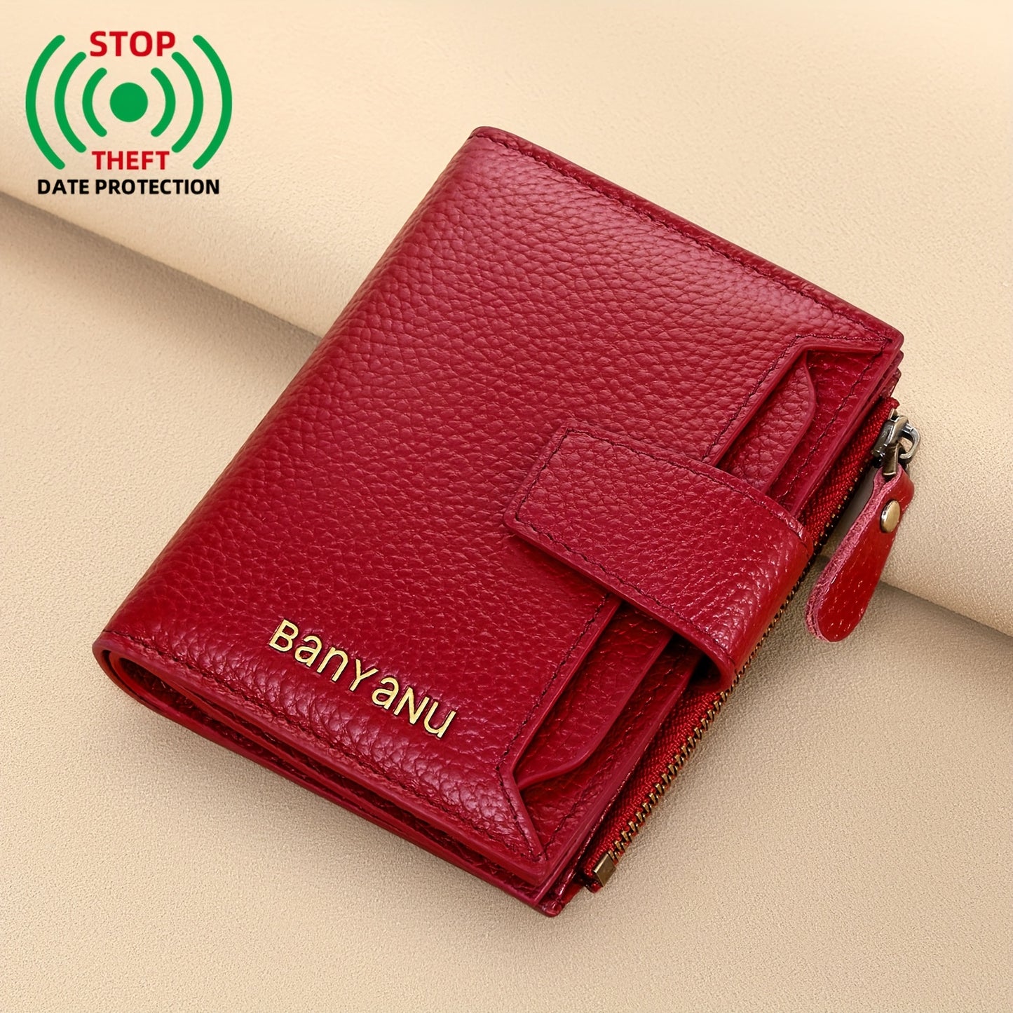 BANYANU Women'S Genuine Faux Leather Wallet - Red Lychee Grain Texture, Multi-Card Slots, Zippered Coin Pocket, Detachable ID Window, Compact Design for Everyday Use, Secure Coin Storage | Stylish Wallet | Synthetic
