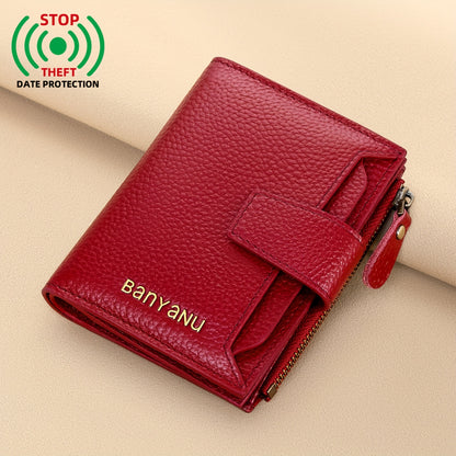 BANYANU Women'S Genuine Faux Leather Wallet - Red Lychee Grain Texture, Multi-Card Slots, Zippered Coin Pocket, Detachable ID Window, Compact Design for Everyday Use, Secure Coin Storage | Stylish Wallet | Synthetic