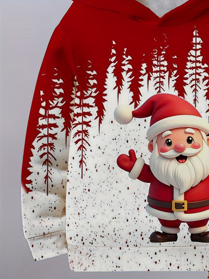 Boys' & Girls' 3D Hooded Sweatshirt & Pants Set - Santa Claus & Snowman Print, Loose Fit Long Sleeve Pullover with Pockets, Red & Winter Outfit for 4-14 Years, for Outdoor, Christmas, Halloween, Thanksgiving, New Year's, Wint