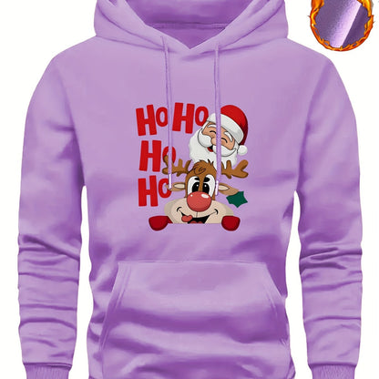 Men's Christmas Hooded Sweatshirt with Rudolph & Santa Print - Thickened Winter Pullover Hoodie, Warm Long Sleeve Casual Sweater for Skiing, Parties, Team Events - Machine Washable (Couple Matching, Unisex Style)