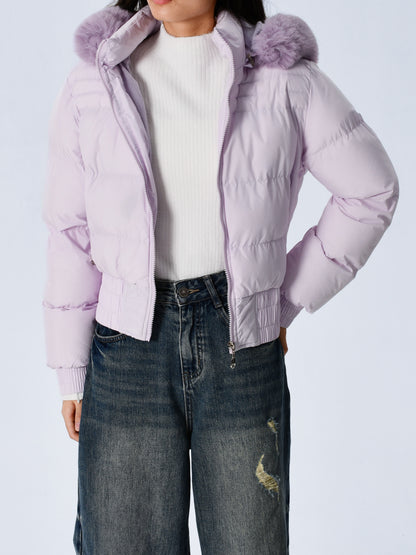 Էլեգանտ պոլիեսթերային բարձիկով կանացի բաճկոն - 2024 թվականի նորաձև կարճ միագույն վերարկու՝ հաստ արհեստական ​​մորթուց օձիքով, երկար թևքերով, կայծակաճարմանդով, գործված - Ձմեռային ջերմություն, առօրյա վերնազգեստ