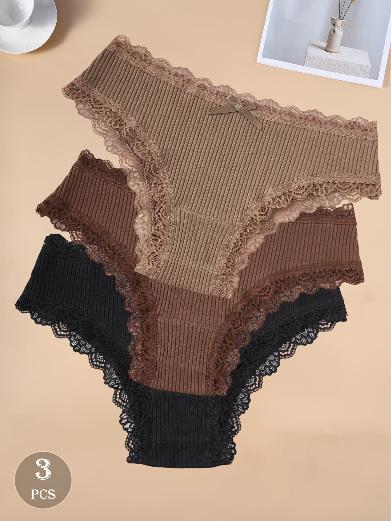 3-Pack Dark Cotton Women's Briefs with Lace Trim and Bow
