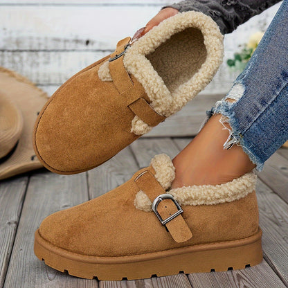 Women'S Warm Fleece-Lined Ankle Slippers, Solid Color, Round Toe, Fabric Upper/Inner, Rubber Sole, Cozy Winter Footwear