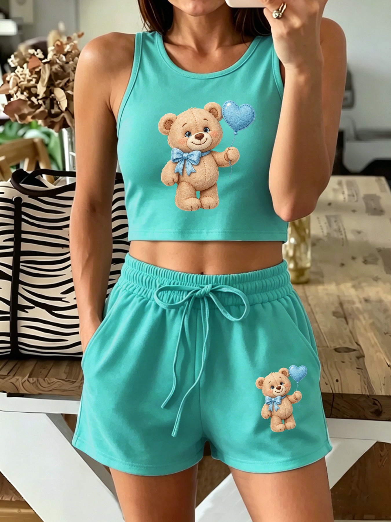 Casual Women's Two-Piece Vest and Shorts Set with Pattern Print