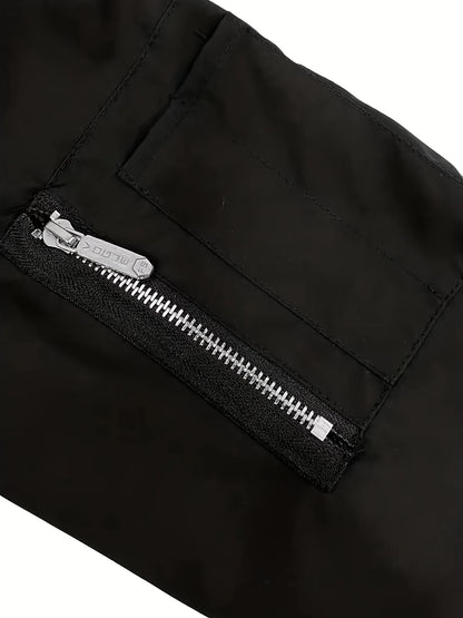 Men'S Stylish Black Sports Casual Jacket - Lightweight Bomber with Zipper Pockets, Front Zipper Panel, and Ribbed Cuffs - Perfect for Outdoor Activities, Running, and Casual Attire