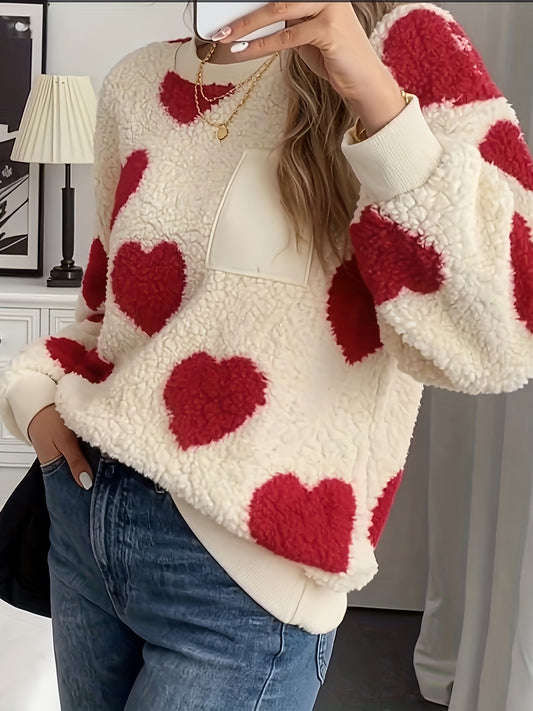 Women'S Plush Heart Sweater - Soft & Heart Pattern Sweater with Heart Cutouts, Cozy Winter Sweater for Fall & Winter