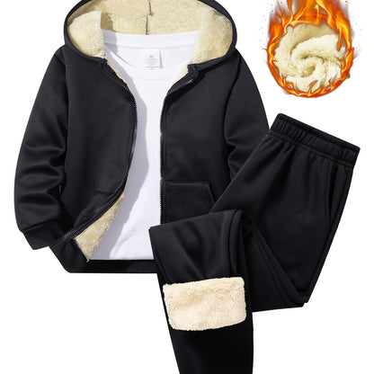 2 հատ տղաների համար նախատեսված բրդյա աստառով գլխարկով սվիտեր + առօրյա տաբատների հավաքածու, միագույն երկարաթև, կայծակաճարմանդով վերնաշապիկ՝ միջին ձգվողության տաք գործվածքից, աշուն/ձմեռ սեզոնի համար, իդեալական է