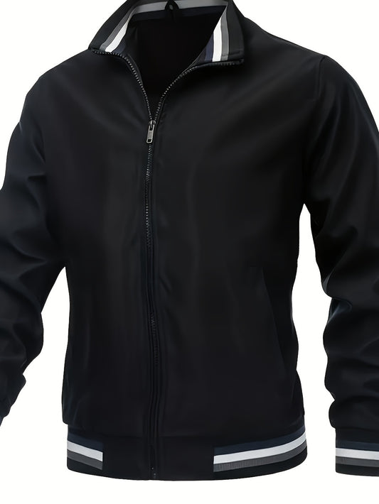 Men's Classic Design Bomber Jacket, Vintage Stand Collar Zip Up Windproof Sports Jacket For Outdoor