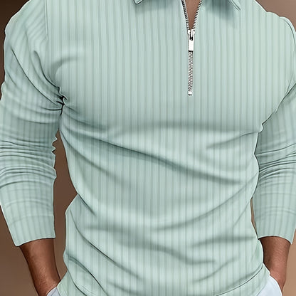 Men's Casual Sports Ribbed Long Sleeve Zipper Lapel Golf Shirt, Spring And Fall