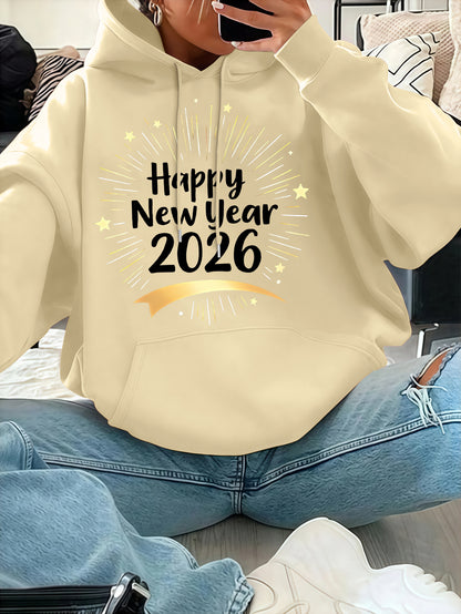 Women'S Pink "Happy New Year 51.46meter Print Hoodie - Cozy Casual Pullover with Golden Glittery Lettering, Long Sleeves, and Drawstring Hood, Perfect for Winter Celebrations, Winter Hoodie | Festive Print Hoodie | Stretchy F