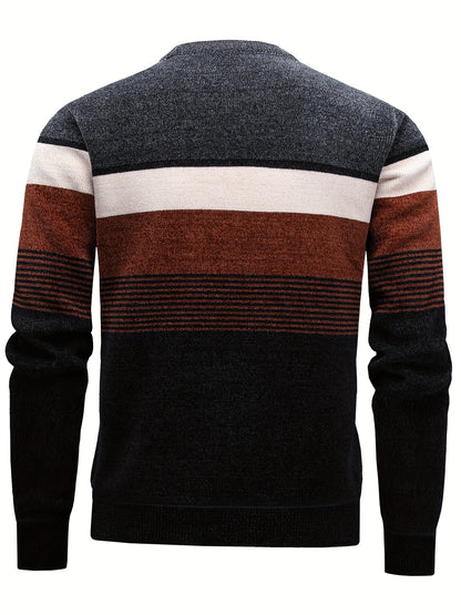Temujin Men'S Winter Round Neck Sweater with Fleece, Knitted with Embroidered Stripes And Casual Letters for Warmth And a Fitted Style