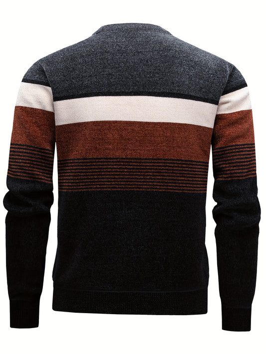 Temujin Men'S Winter Round Neck Sweater with Fleece, Knitted with Embroidered Stripes And Casual Letters for Warmth And a Fitted Style