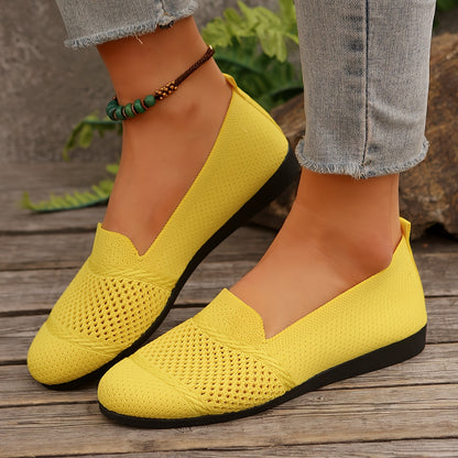 Women's Solid Color Knitted Flats, Lightweight Flat Soft Sole Walking Shoes, Round Toe Daily Footwear