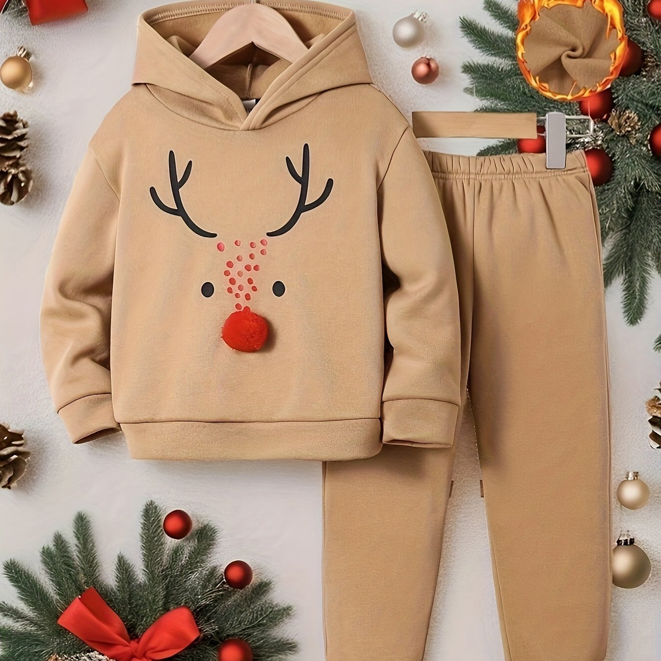 Creative Christmas Reindeer Pattern Design, Boy's 2pcs Co Ord Set, Comfy Long Sleeve Hoodie & Casual Versatile Sweatpants, Warm Fleece Outfit, Ideal For Autumn And Winter Outdoor Wear