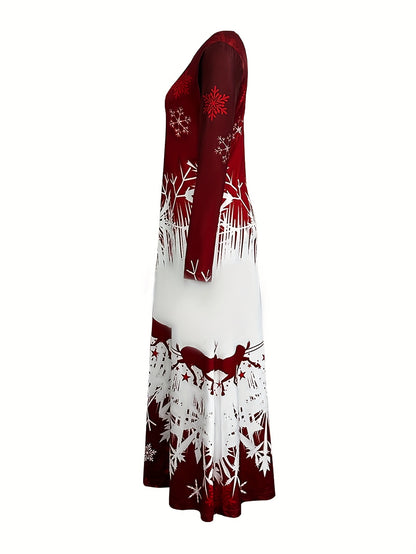 Spring and Autumn New Christmas Reindeer Print Casual Long Sleeve Round Neck Dress, Best for Christmas
