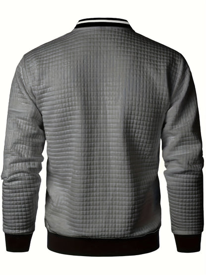 Men's Casual Bomber Jacket with Stand Collar - Polyester and Elastane Blend, Knit Fabric with Slight Stretch, Solid Color, Zipper Detail, Long Sleeve, Regular Fit