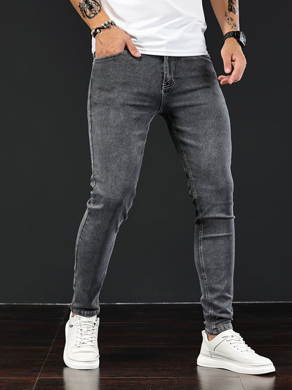 Slim Fit Chic Jeans, Men's Casual Street Style All Match Stretch Denim Pants With Pockets