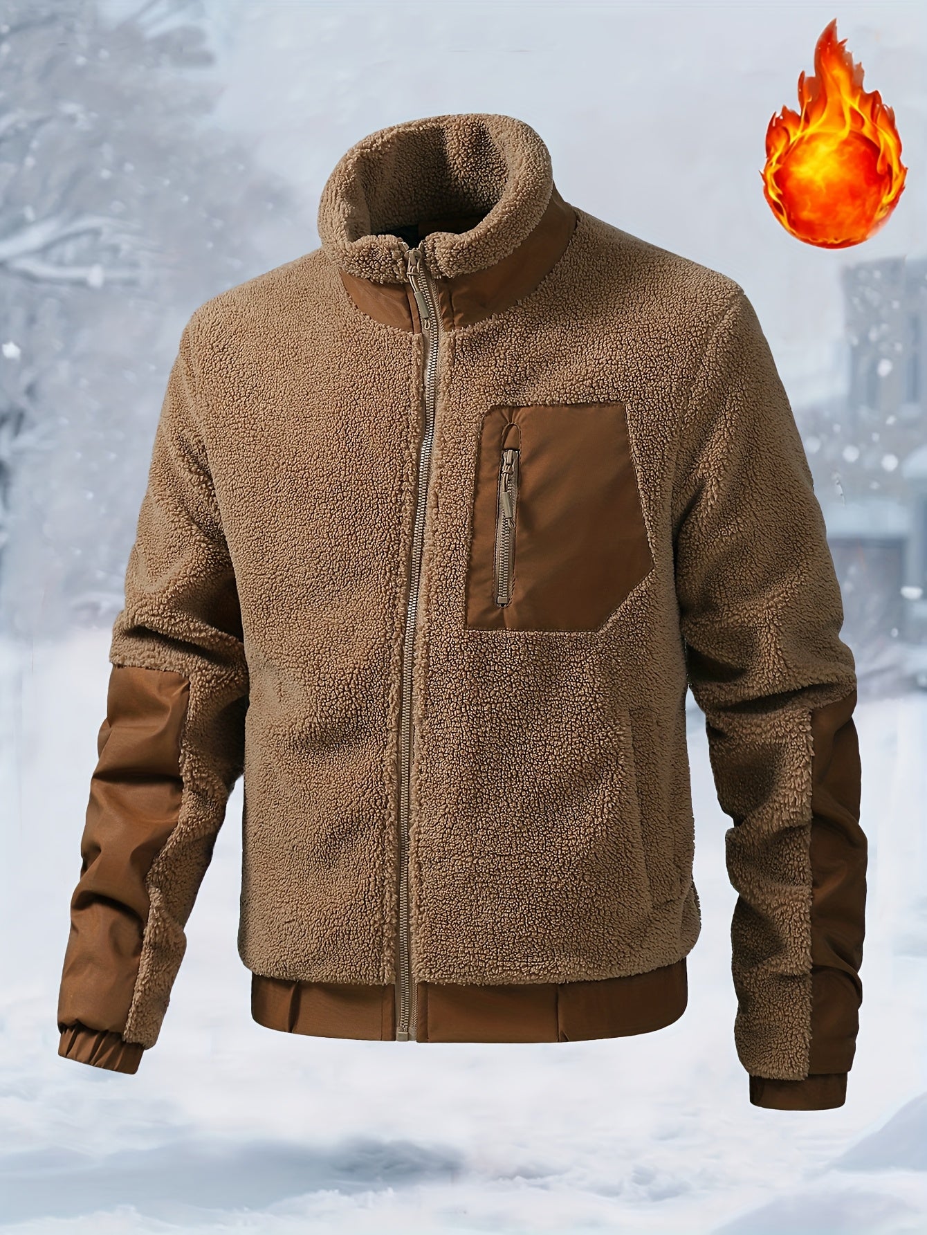Men'S Heavyweight Fleece Jacket - Thermal Winter Coat with Stand Collar, Zipper Closure, Front Pockets - Brown/ - Cold Weather Outerwear for Everyday & Formal, Winter Jacket, Casual Outerwear, Durable Polyester, Seasonal Fash