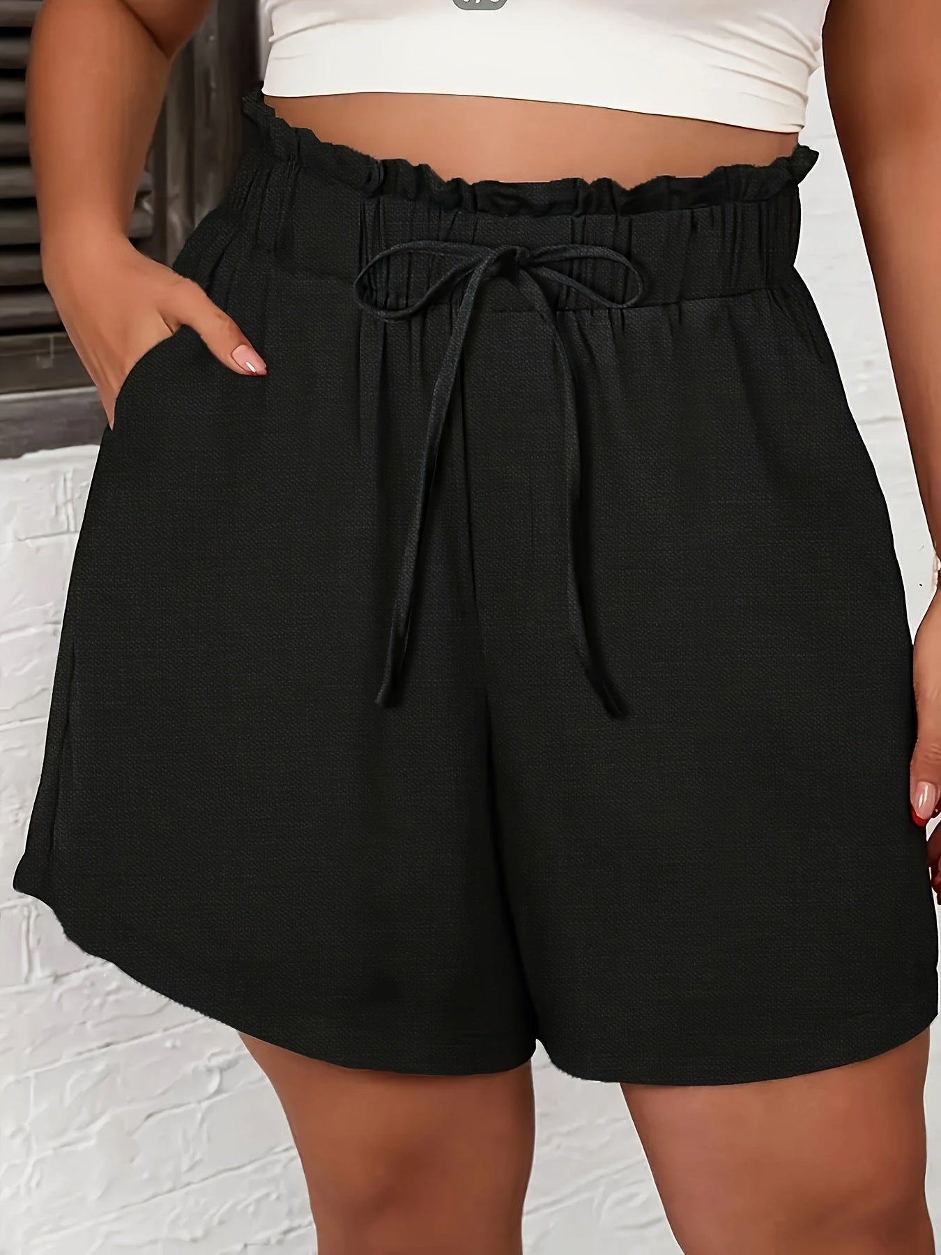 Relaxed Style| Women's Light Blue Faux Denim Casual Shorts - High-Waisted, Loose Fit with Drawstring, Summer Wash-Free Polyester Shorts for Everyday Comfort, Summer Casual Wear|Drawstring Shorts|No Stretch Fabric, High Waiste