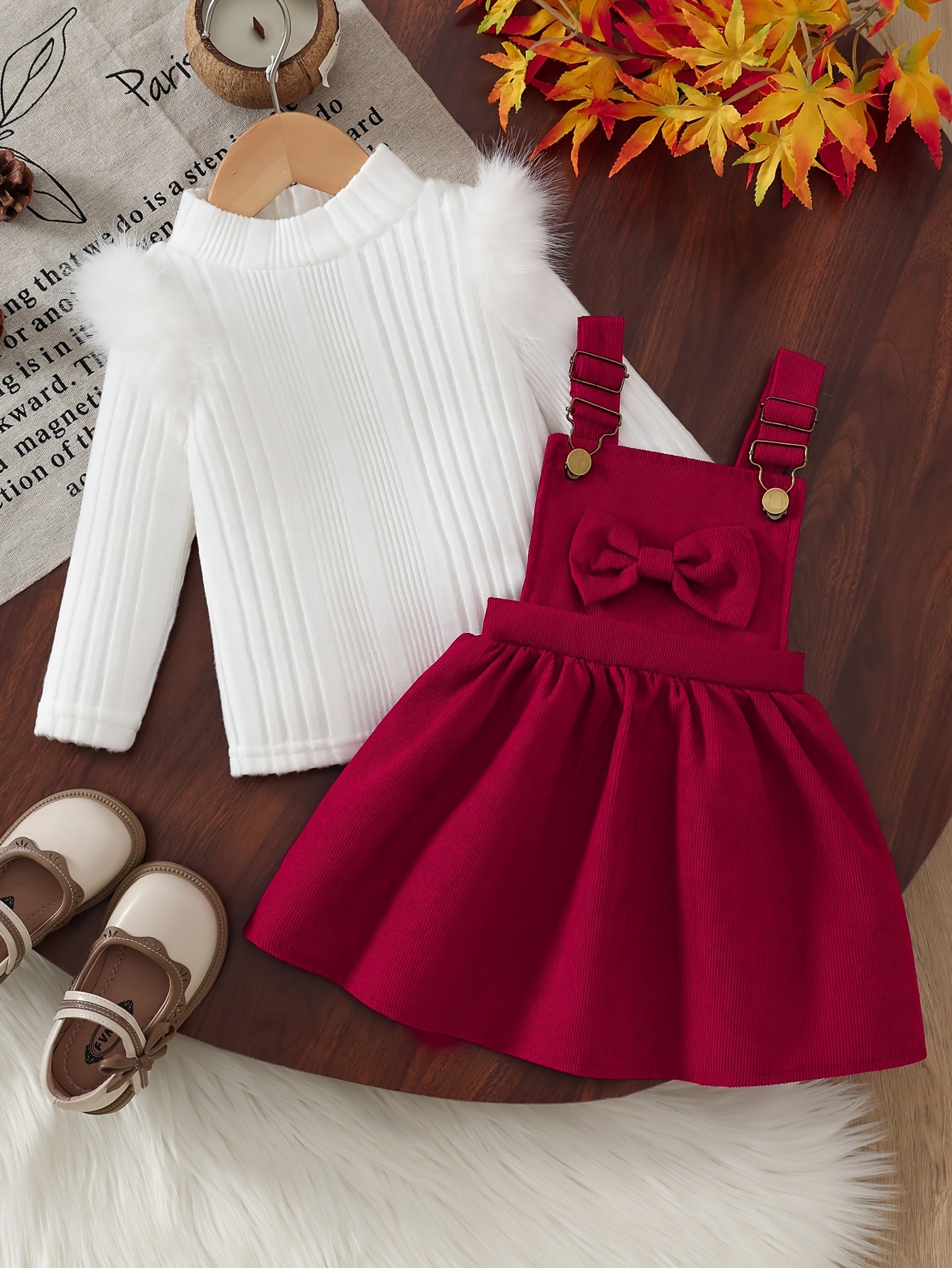 2 հատ մանկական ձմեռային հագուստի հավաքածու. Հարմարավետ փափուկ թևքերով զգեստ և A-գծի ժապավեն՝ օձիքով և ծոպերով զարդարանքով - փափուկ, տաք հագուստ լուսանկարահանումների համար, Սուրբ Ծնունդ (ձեռքով լվացվող), իդեալական է բացօթյա օգտագործման համար