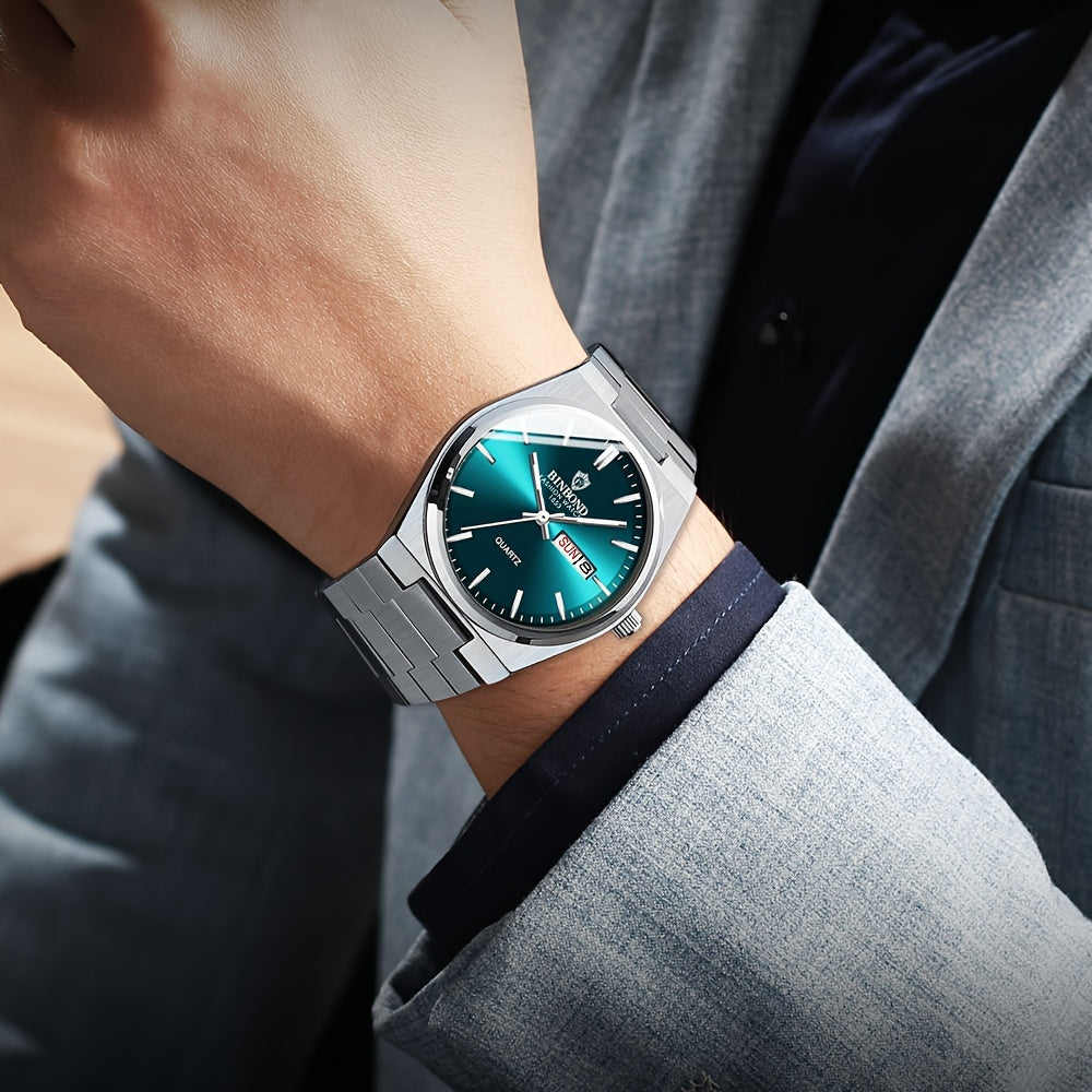 BINBOND Fashion Solid Stainless Steel Buckle Men's Business Casual Quartz Watch Thin Double Calendar Men's Watch