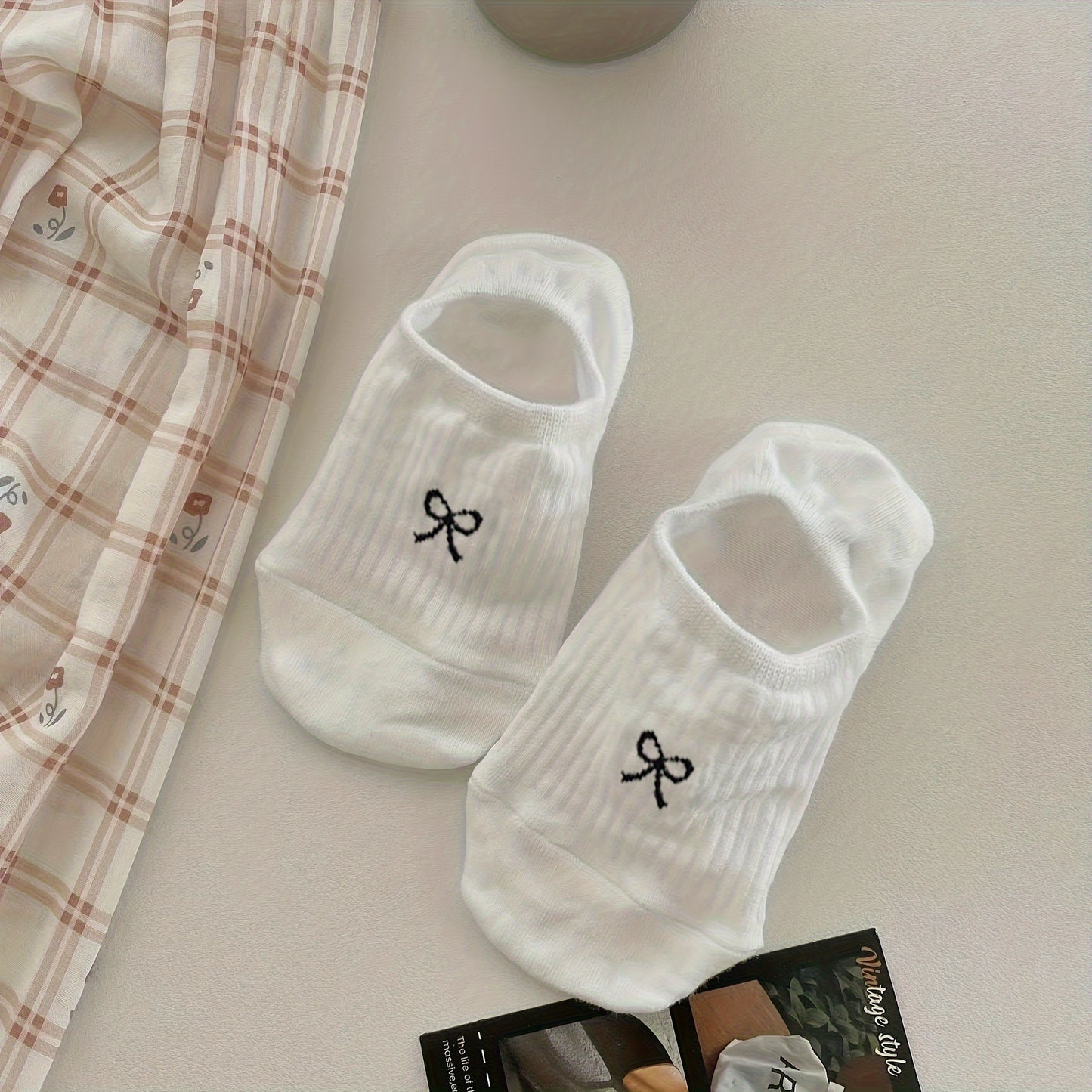 5 Pairs Bow Print Boat Socks, Cute & Sweet Low Cut Invisible Socks, Women's Stockings & Hosiery