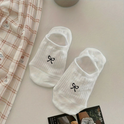 5 Pairs Bow Print Boat Socks, Cute & Sweet Low Cut Invisible Socks, Women's Stockings & Hosiery