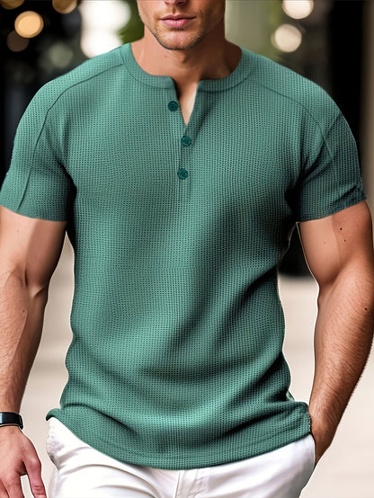 Men'S Long-Sleeve Henry Shirt in Knitted Waffle Style, Featuring Stylish Buttons And a Solid Color, Perfect for High-Quality Casual Outdoor Wear in Spring And Summer.