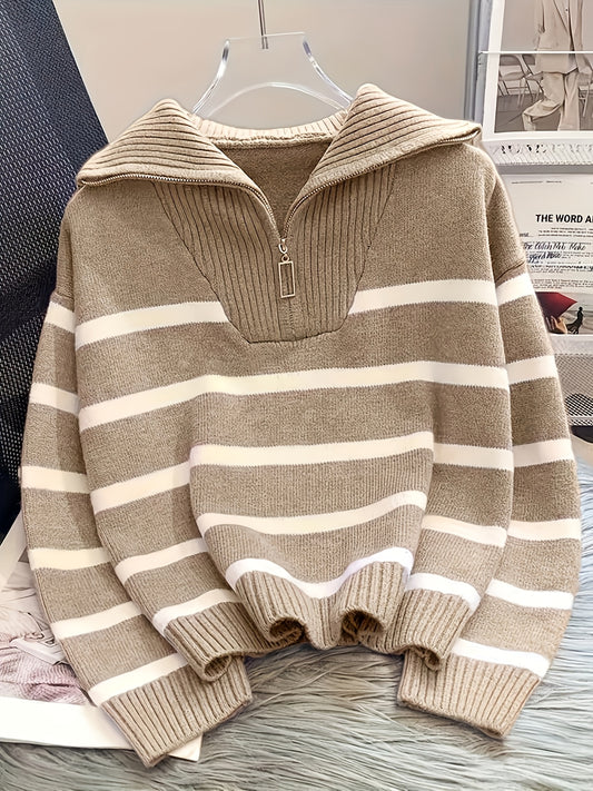Women's Striped Zip-Up Sweater with Thickened Inner Layer