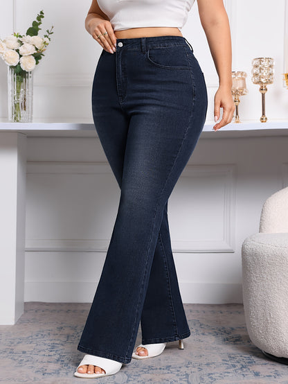 Plus Size Flare Leg Plain Washed Casual ոճի կայծակաճարմանդ կոճակով փակվող ջինսե տաբատ, կանացի ջինսե ջինսեր և հագուստ