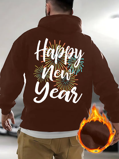 Men's New Year's Eve Fireworks Print Hooded Sweatshirt - Happy New Year Back Design with Adjustable Drawstring Hood, Loose Fit Streetwear Pullover, Warm Winter Casual Sweater for Parties & Casual Attire (Machine Washable), Re