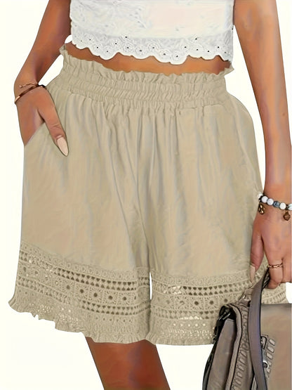 Solid Tassel Hem Loose Shorts, Vacation Paper Bag Waist Summer Shorts, Women's Clothing