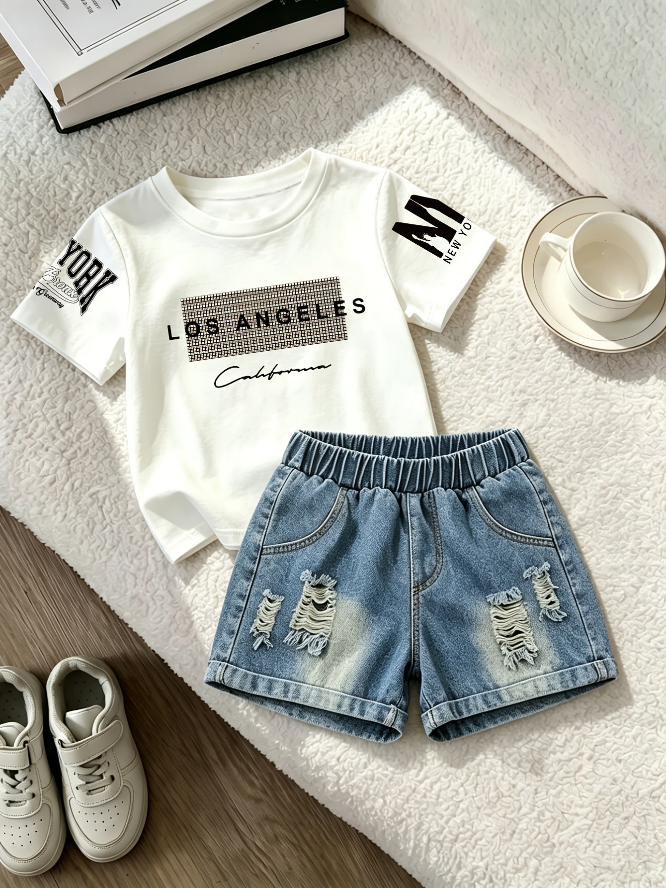 Summer Boys Los Angeles Print T-Shirt & Distressed Shorts Set