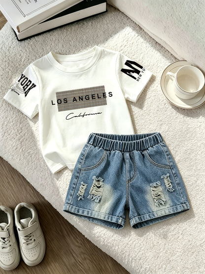Summer Boys Los Angeles Print T-Shirt & Distressed Shorts Set