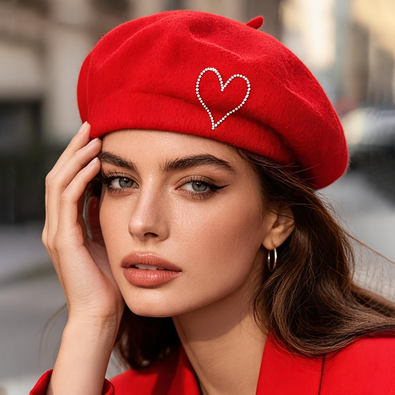 Women's Wool Beret Hat with Rhinestone Heart - Lightweight Warm