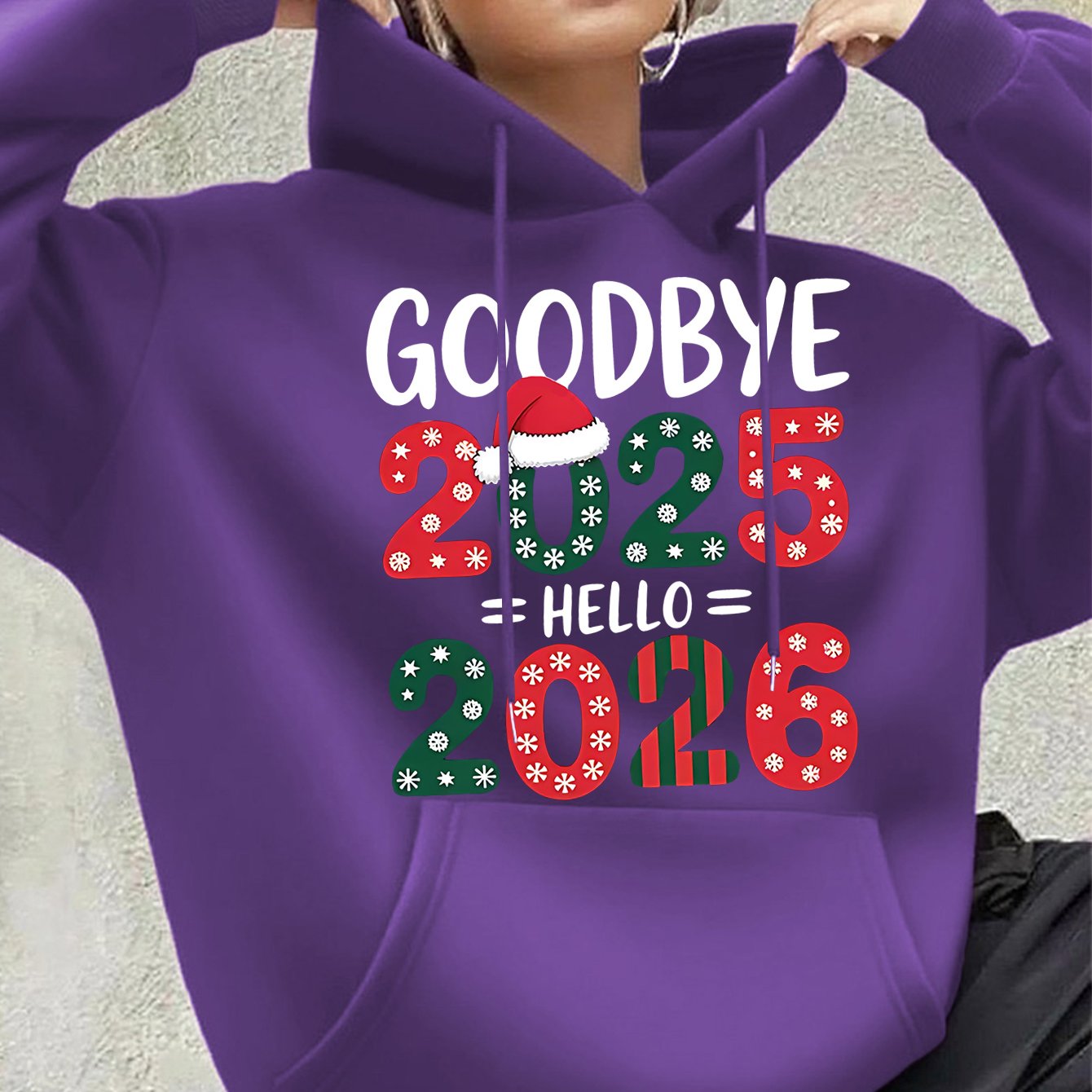 Women's White 2025 New Year & Christmas Hooded Sweatshirt - Goodbye 2024 2025 Print with Snowflakes & Candy Canes, Cozy Winter Pullover Hoodie, Relaxed Fit Casual Sweater for Holiday Parties & New Year's Eve Outfits