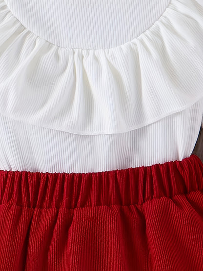 Girls' White Ruffled Sleeve Top & Red Pleated Skirt Set - Sweet Princess Style, Round Neck, Lightweight & Breathable Fabric, Perfect for Spring/Fall, Includes Matching Bow Tie, Ideal for Casual or Special Occasions, Princess
