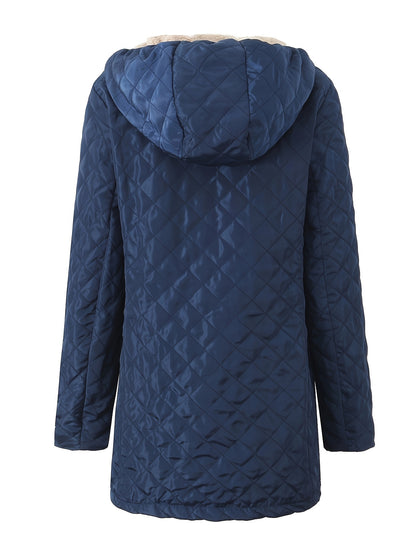 Women's Plus Size Quilted Hooded Jacket - Warm, Casual Long Coat with Faux Fur Trim, Zipper Closure, and Diamond Pattern Stitching - Ideal for Winter Outdoor Activities, Cold Weather Apparel|Hooded Coat|Soft Texture, Winter C