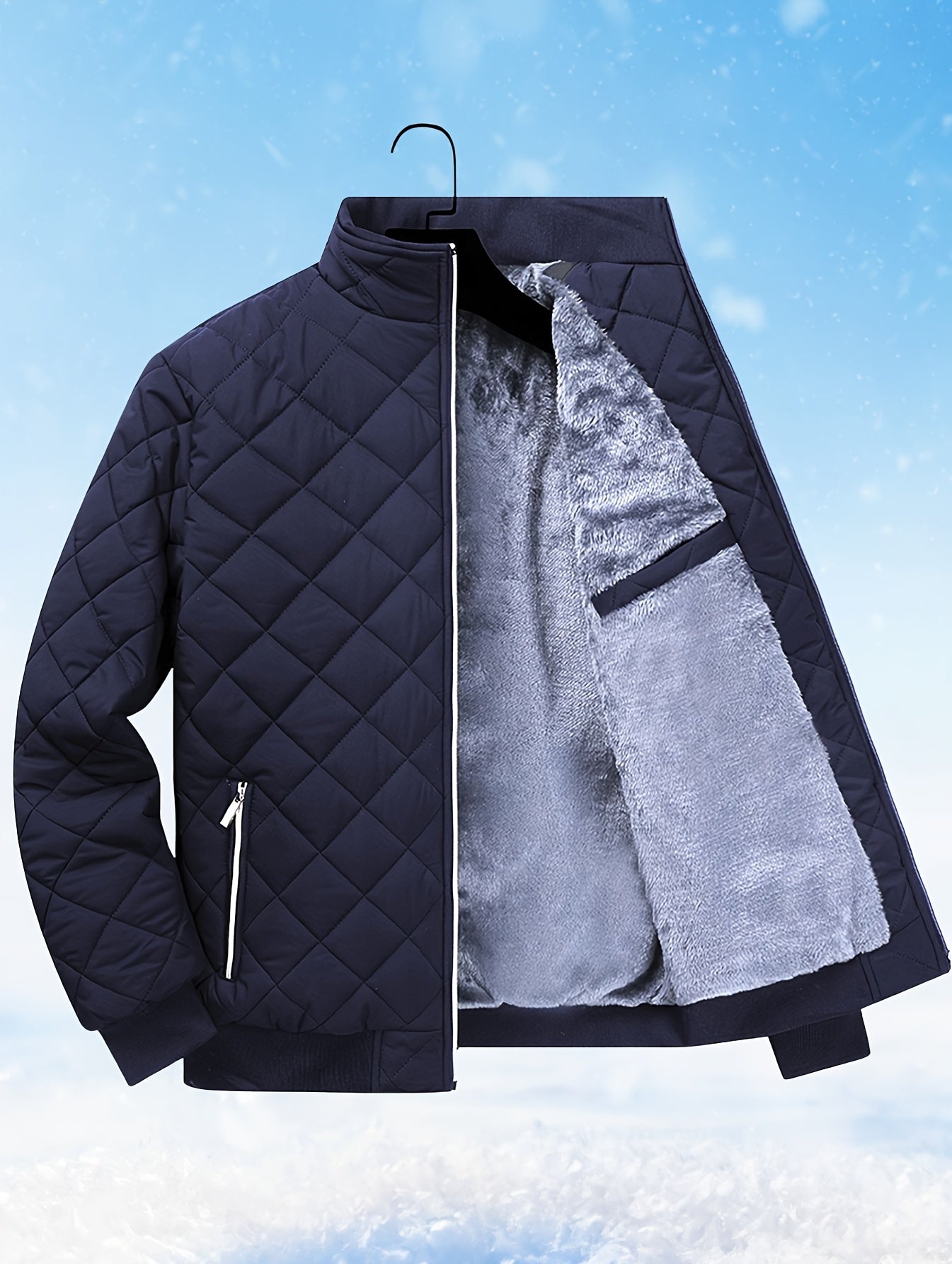 Men'S Diamond Pattern Fleece-Lined Jacket | Casual Stand Collar Warm Coat with Zipper Closure for Autumn and Winter