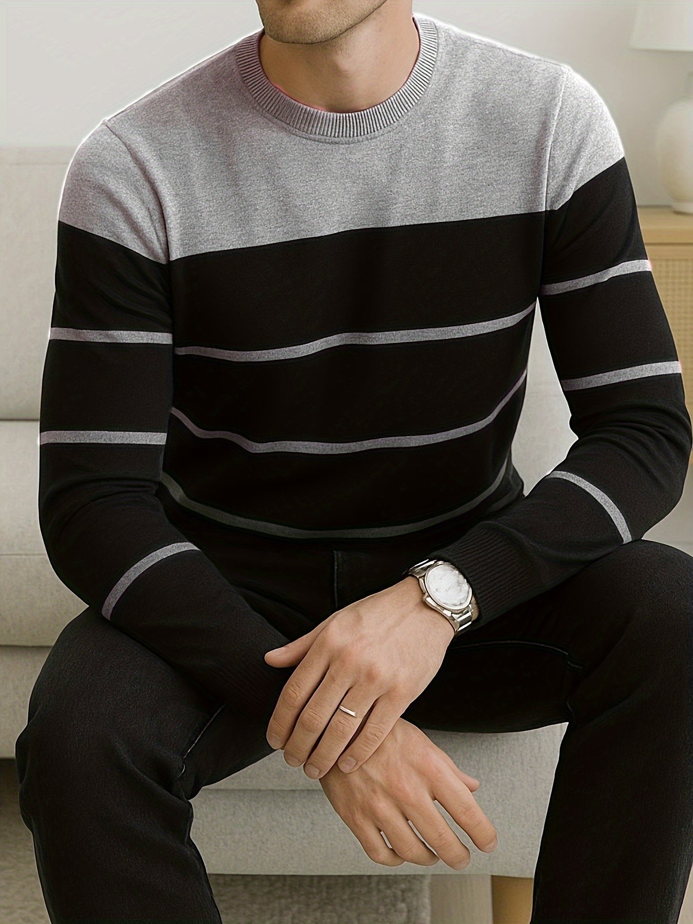 Men'S All-Season Knit Sweater - Soft Stretchy Pullover with Black & Grey Horizontal Stripes, Anti-Pilling Fabric for Everyday & Formal Wear - Year-Round Layering Essential for Office, Casual Outfits, Sweater, Office Attire, C