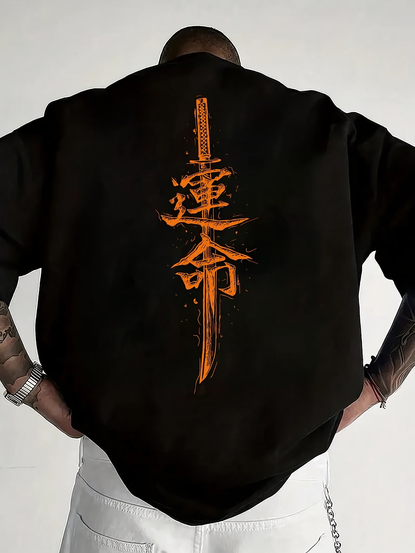 Men'S Japanese Samurai Sword Graphic T-Shirt - Casual Loose Fit Crew Neck, Short Sleeve Tee with Red Stylized Japanese Katanas Design, Breathable Polyester for Spring  Summer Outdoor Wear