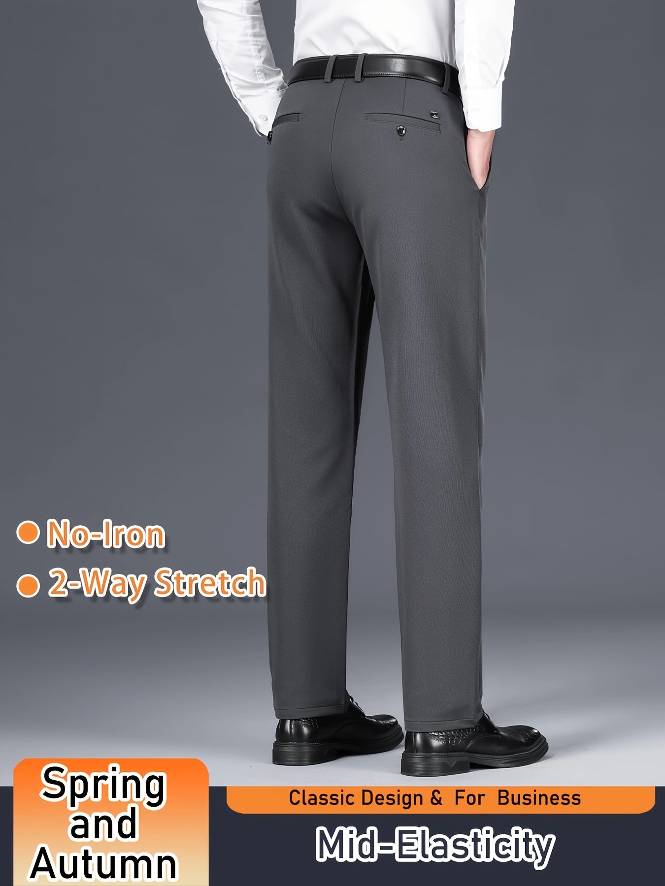 Men's Solid Color Dress Pants, Classic Design Slightly Stretch Formal Dress Pants For Business Occasions, Spring And Fall