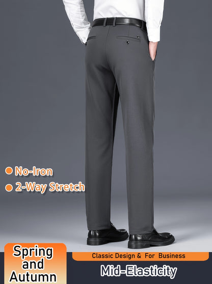 Men's Solid Color Dress Pants, Classic Design Slightly Stretch Formal Dress Pants For Business Occasions, Spring And Fall