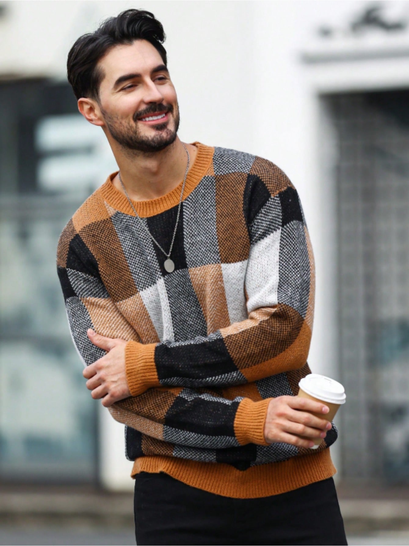 Men'S Casual Plaid Crew Neck Knit Sweater | Loose Fit, Long Sleeve, Fashionable Color Block Design, Suitable for Fall/Winter