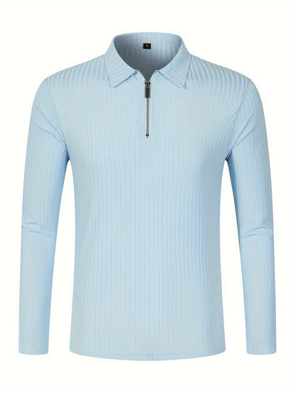 Men's Casual Sports Ribbed Long Sleeve Zipper Lapel Golf Shirt, Spring And Fall