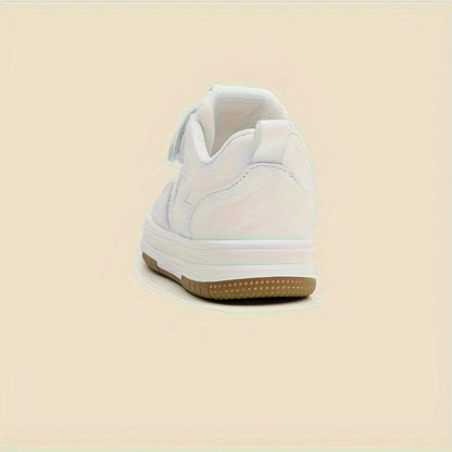 Preppy Style Solid Color Casual All-Season Low Top Sneakers for Boys and Girls with Adjustable Strap Closure, PU Upper, Fabric Lining, and Durable Rubber Sole, Perfect for Daily Wear & School Under 14 Years - White