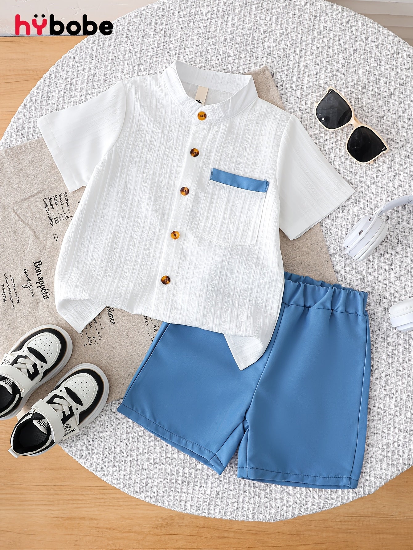 Boys' Summer Casual Shirt & Woven Shorts Set - Lightweight Polyester