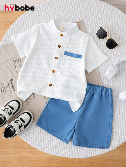 Boys' Summer Casual Shirt & Woven Shorts Set - Lightweight Polyester